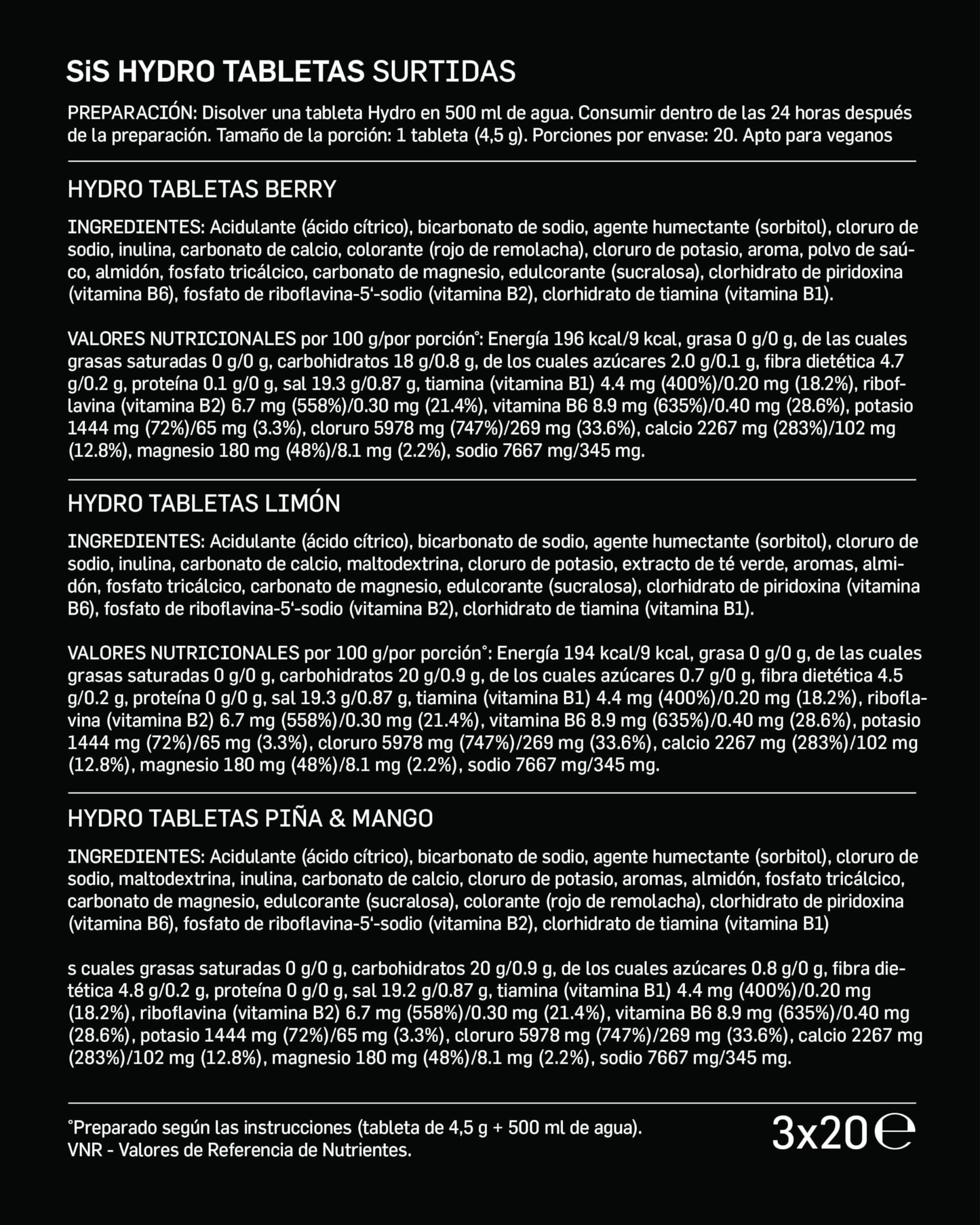 Science in Sport HYDRO comprimidos 3x20 uds. 3 sabores - Comprimidos de electrolitos, Veganos, Comprimidos para promover la hidratación y el equilibrio electrolítico (El embalaje puede variar)