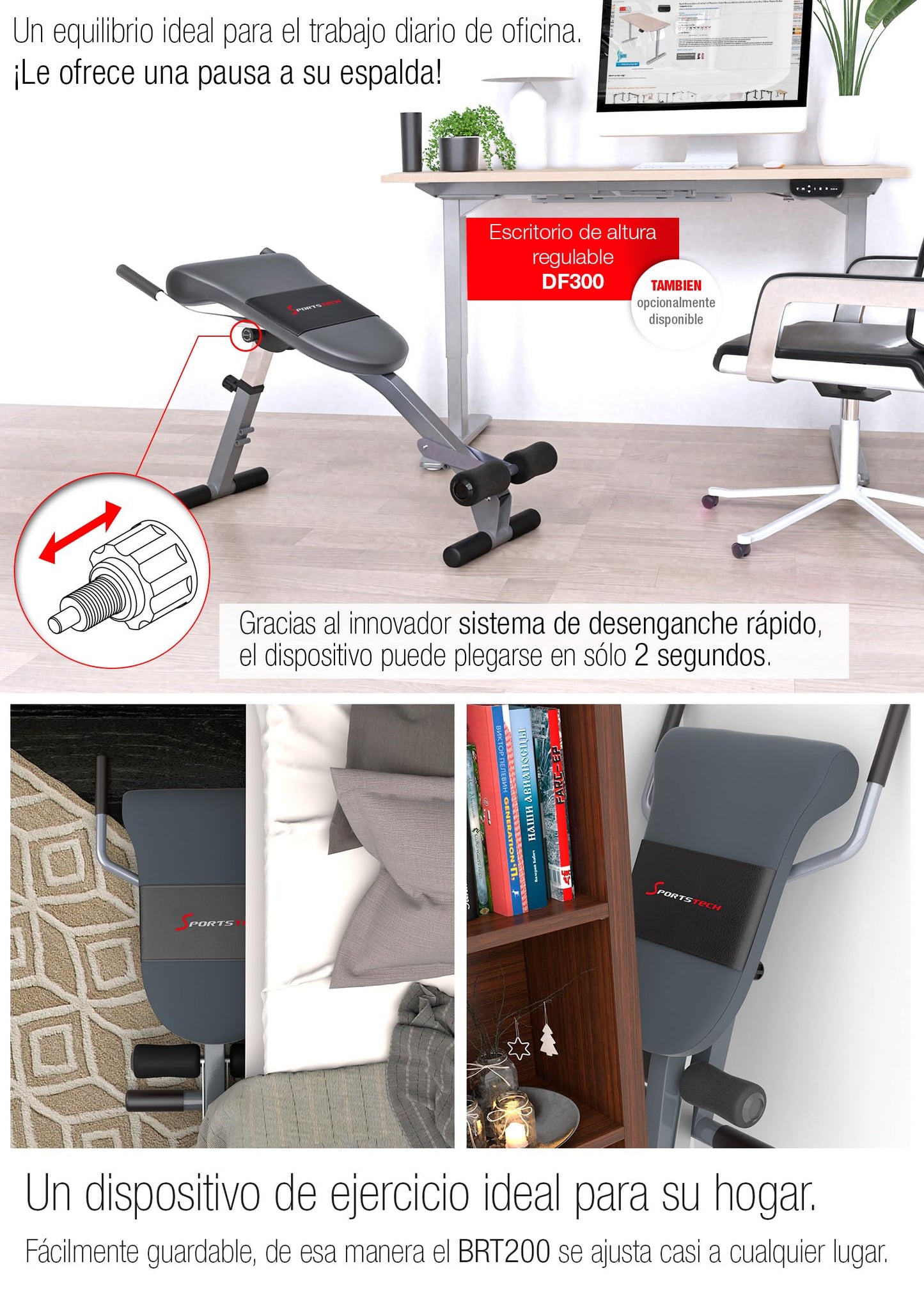 SPORTSTECH BRT200 Entrenador de Espalda y Abdomen 3en1 Patentado propio con innovador diseño antideslizante; Plegable; Multifuncional con acolchado ergonómico; Plegado fácil. (BRT200)