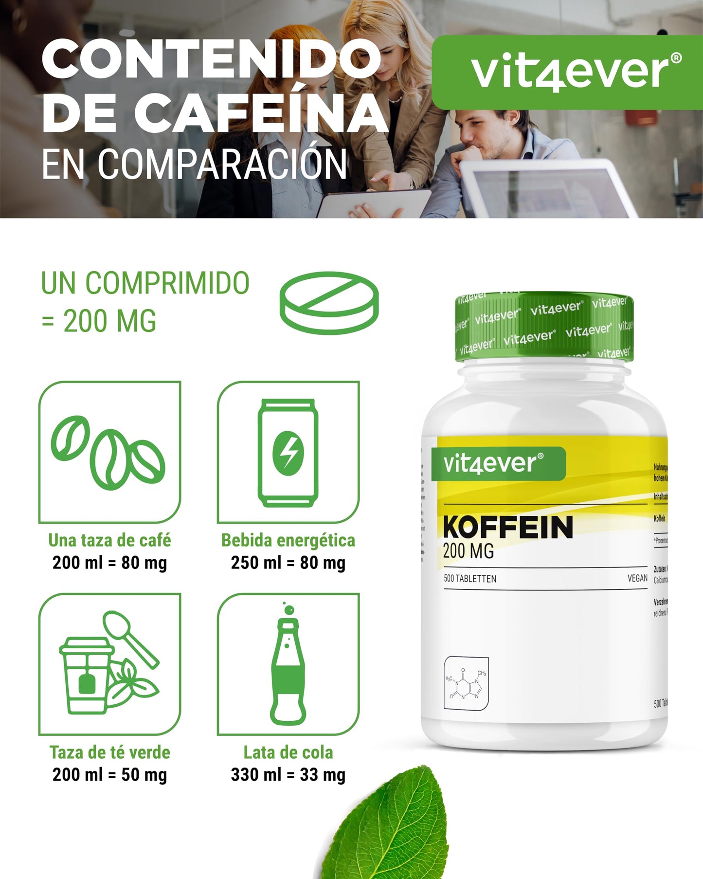 Comprimidos de cafeína con 200 mg cada uno - 500 comprimidos - Sin aditivos no deseados - Altamente dosificado - Vegano