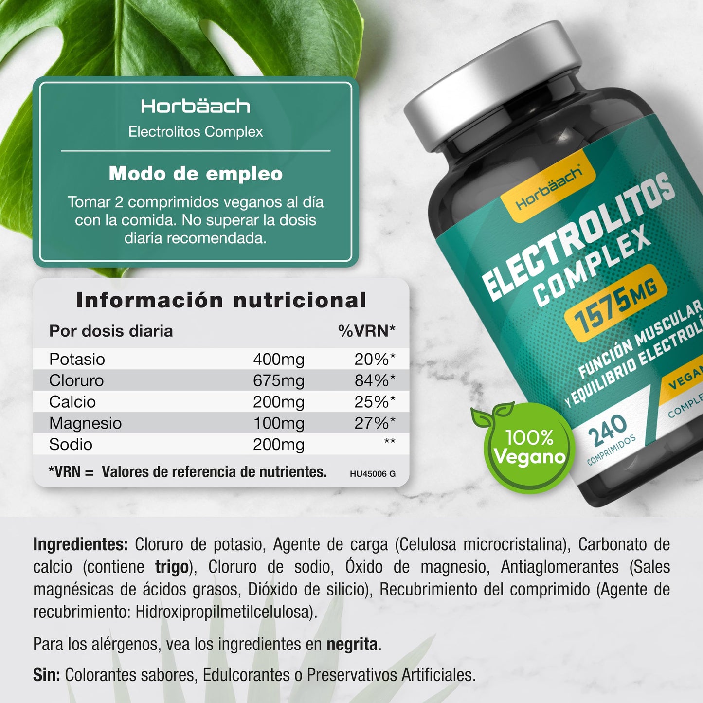Electrolitos Keto Sin Azúcar 1575mg | 240 Comprimidos Veganos | con Calcio, Potasio, Magnesio y Sodio que aportan sales minerales | de Horbaach