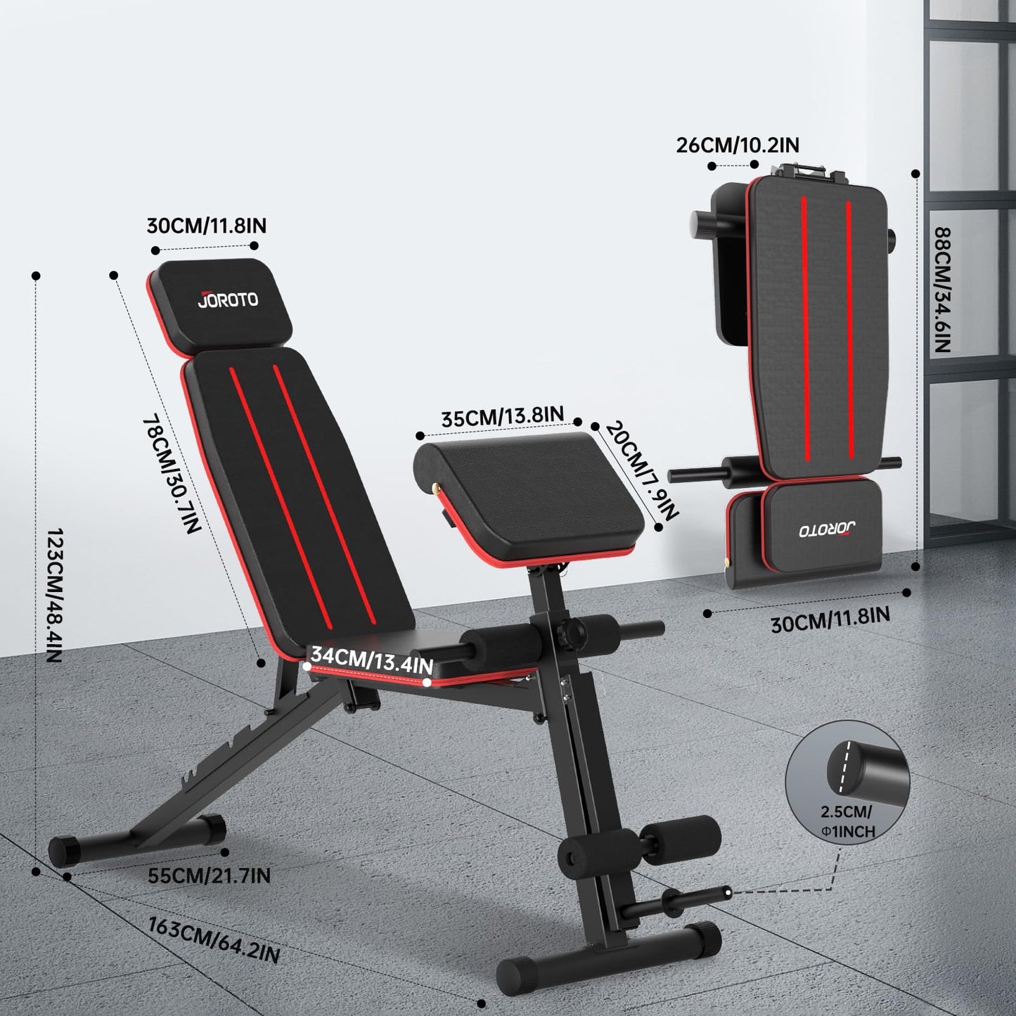 JOROTO Banco Musculación Ajustable, Banco de Musculación Plegable, 350KG de Carga, Banco de Musculación para Gimnasio en Casa, Entrenamiento de Cuerpo Entero, Silla Romana con Mancuernas