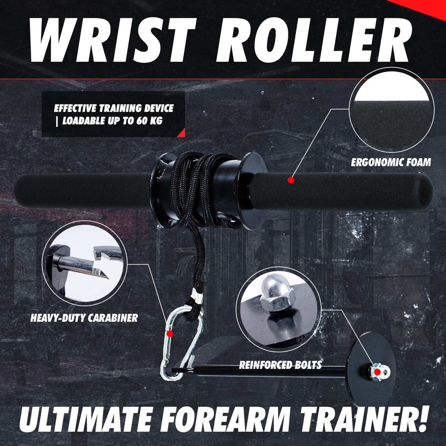 MuscleForge Rodillo de Muñeca y Antebrazo, Entrenador del Brazo, Polea con Carga - Wrist roller con Capacidad 60 kg, Forearm exerciser, Grips Strengthener, Accesorio para El Entrenamiento del Agarre