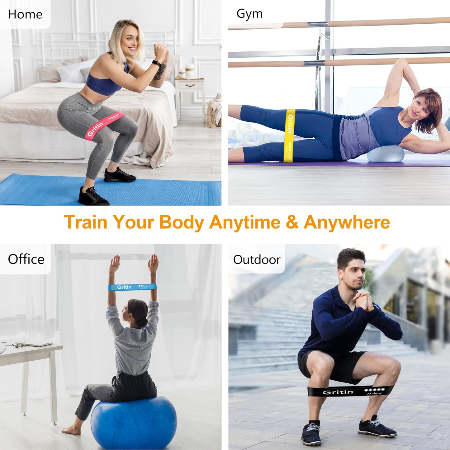Gritin Bandas Elásticas Fitness/Bandas de Resistencia, Set de 5 Cintas Elásticas Fitness y Musculación de Látex Agradable a la Piel con Guía de Ejercicios de Español
