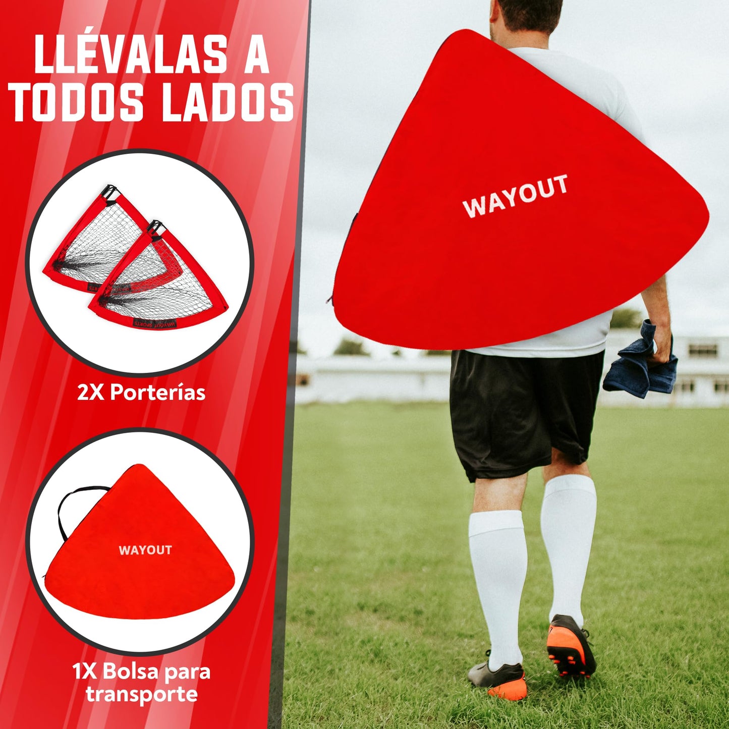 Wayout Sports - Porterías Fútbol Plegables para Niños y Adultos (120 x 90 x 90, Rojo)