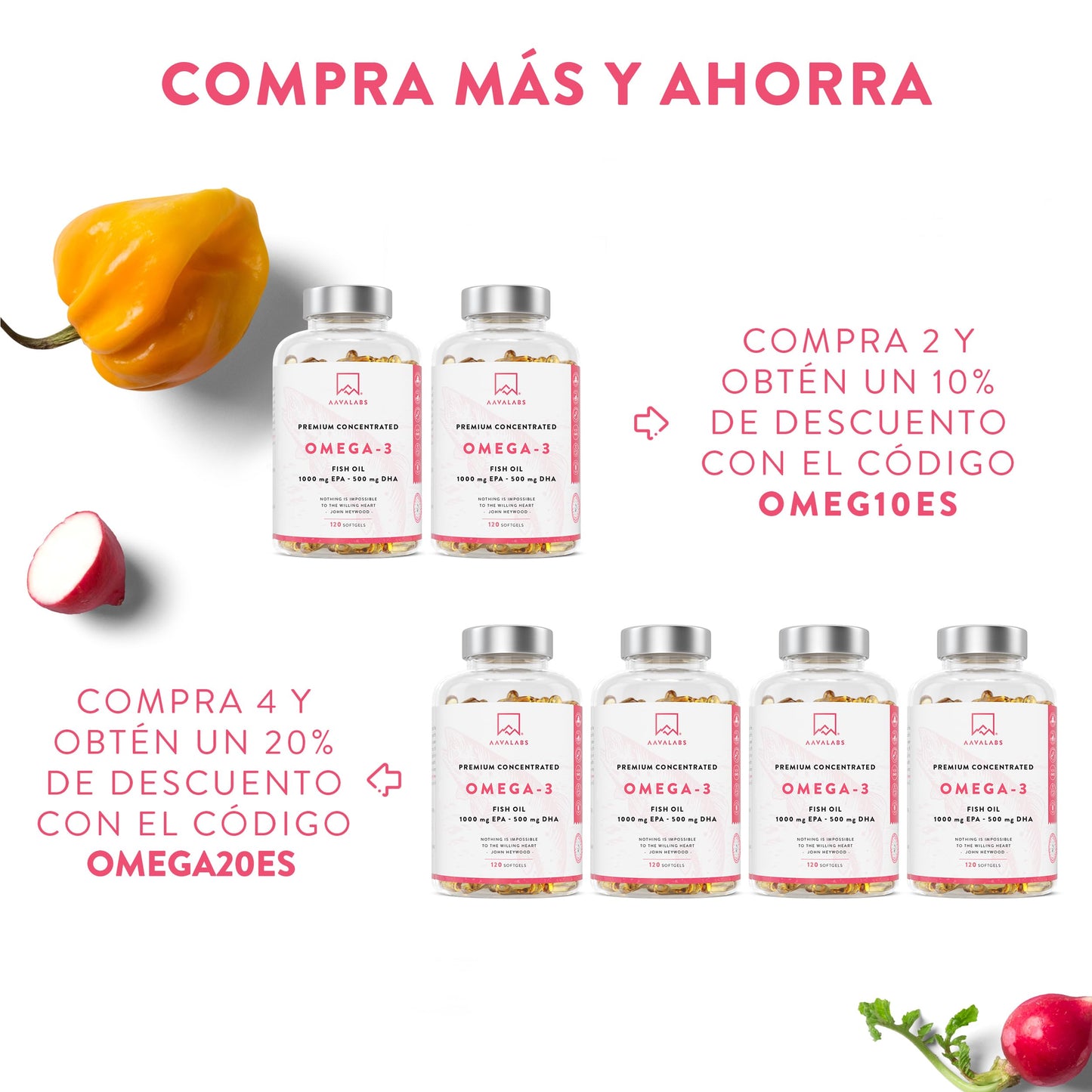 AAVALABS Omega 3 2000mg por dosis diaria (2 cápsulas) - 1000mg de EPA + 500mg de DHA - Ácidos Grasos de Alta Potencia - Destilado Molecularmente - 120 Cápsulas - 60 días de suministro