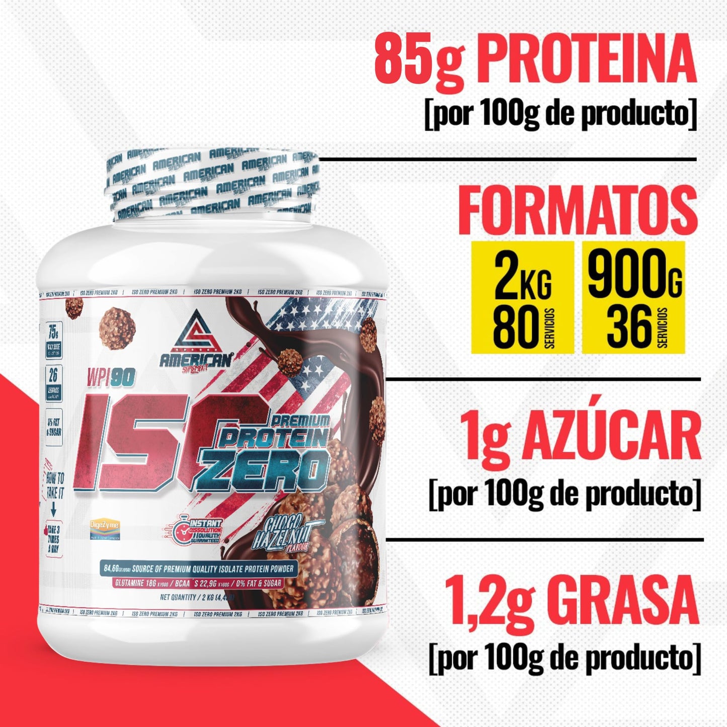 AS American Suplement | Premium Iso Zero 2 kg | Chocolate | Proteína de Suero de Leche | Ayuda a Aumentar tu Masa Muscular | Bajo en Carbohidratos | 0% Azúcares… (2 kg, Bombón Choco Avellana)