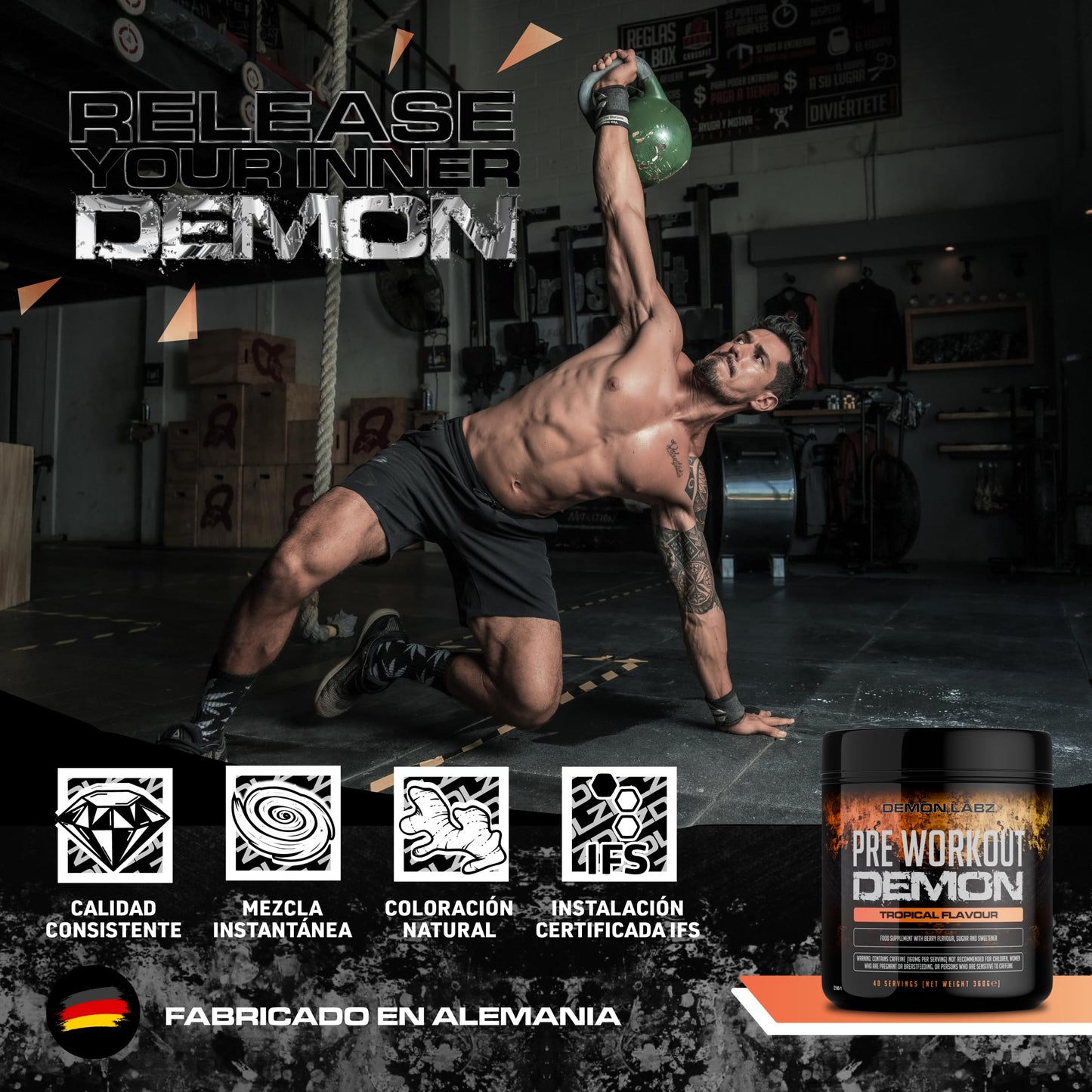 Pre Workout Demon – Pre Entreno en Polvo con Creatina, Cafeína y Aminoácidos – Sabor Tropical – 40 Raciones