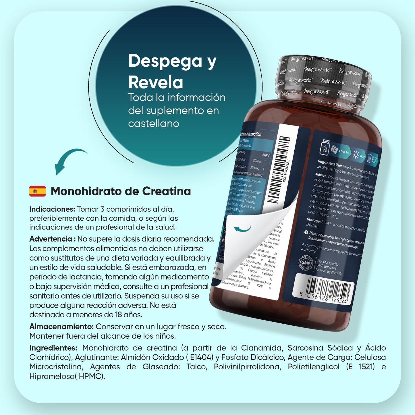 Creatina Monohidratada 3000mg, 270 Comprimidos, 3 Meses de Suministro - Suplemento Deportivo Apto para Veganos, 3 Comprimidos al Día, Sin OGM ni Estearato de Magnesio