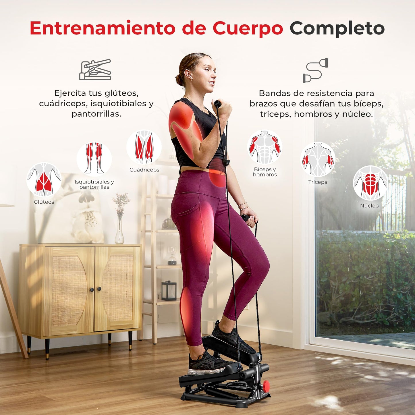 Sunny Health & Fitness - Stepper Inteligente para el hogar, de bajo Impacto y con Bandas de Resistencia - SF-S0978SMART