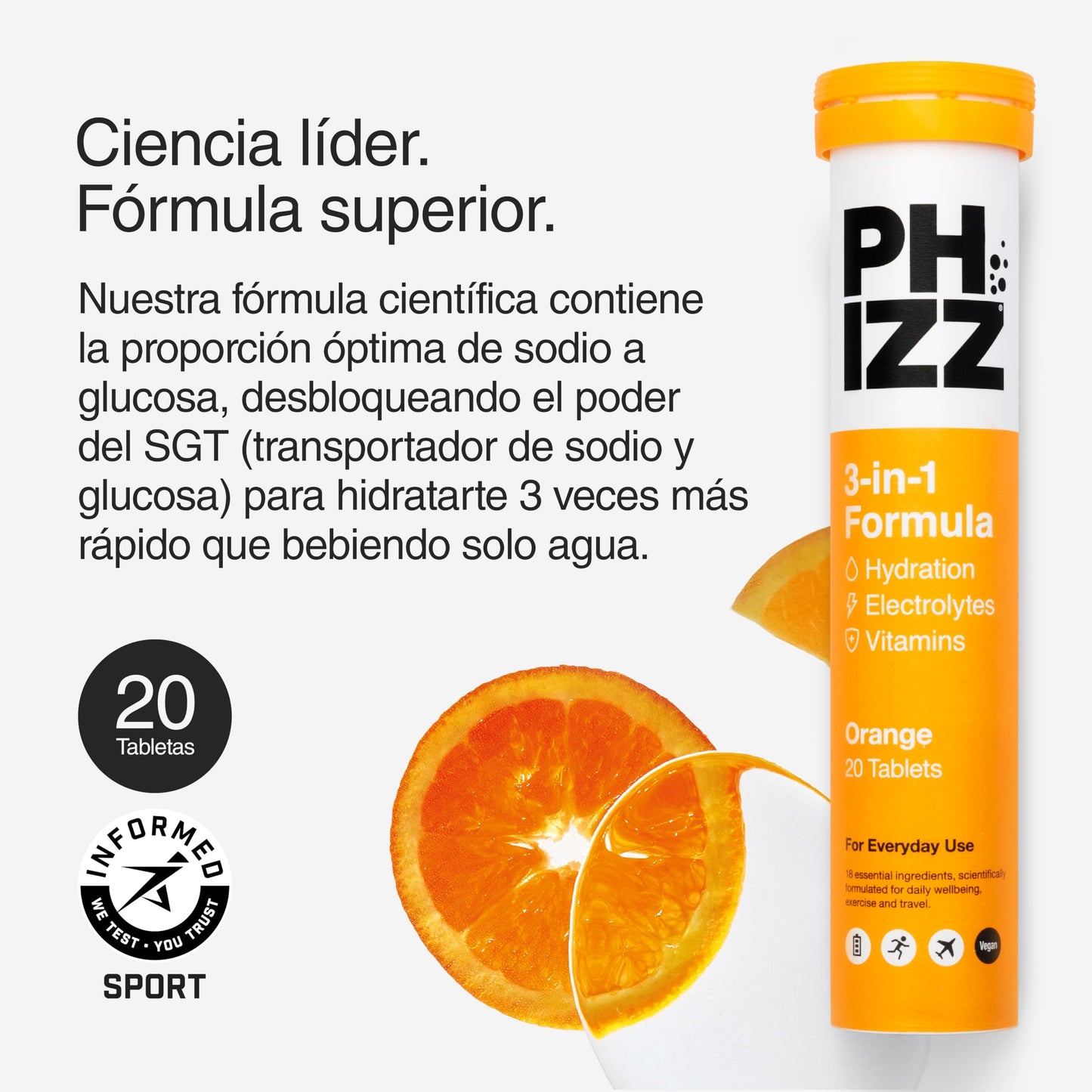 Phizz Electrolitos, Multivitaminas e Hidratación Efervescente 20 Comprimidos - 18 Vitaminas y Minerales, Vitamina C, Vegetariano y Bajo en Calorías (Naranja, 20 Pastilla)