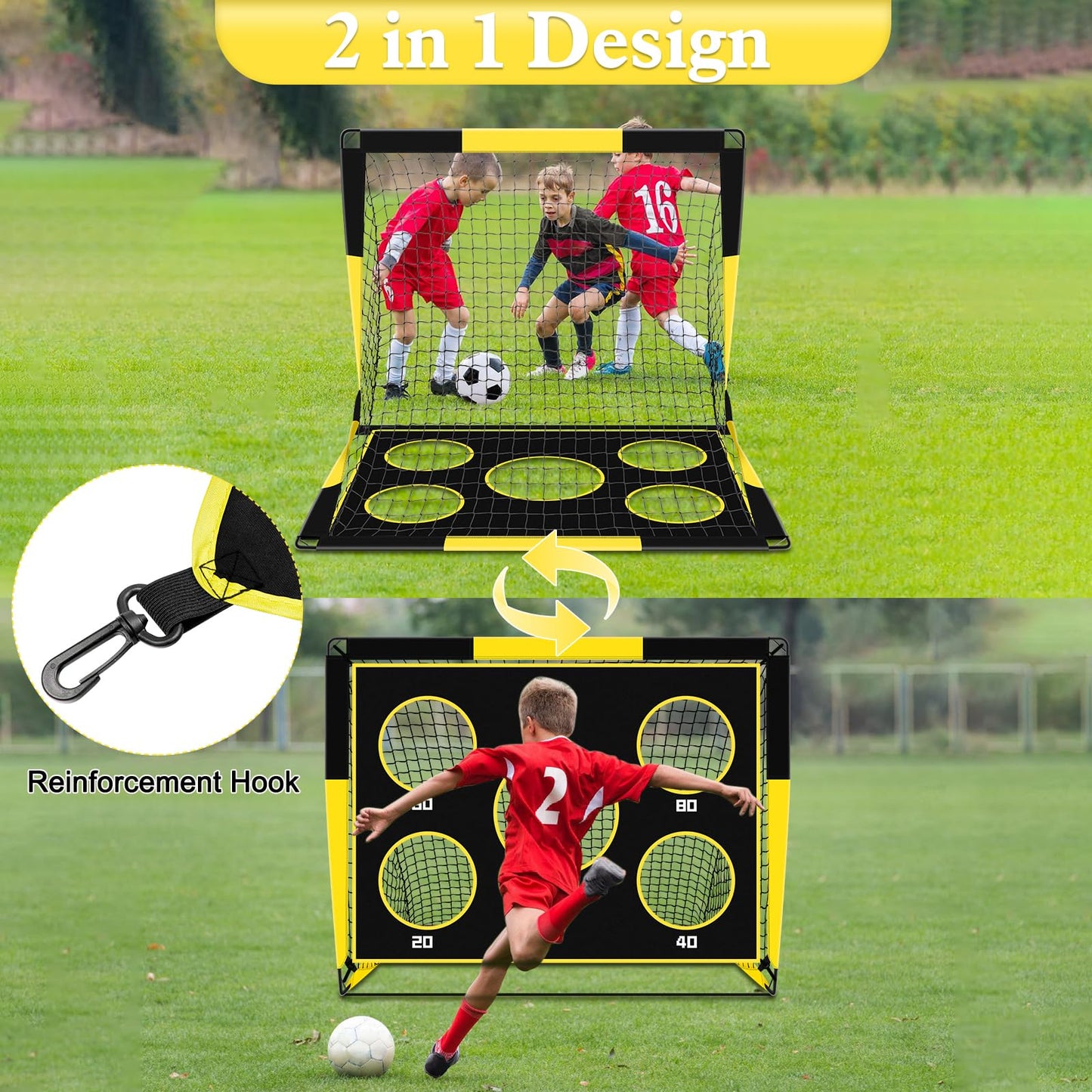 Gofady Portería de Fútbol para Niños, 2 en 1 Pop Up Porterías de Fútbol con 5 Objetivos y Bolsa de Transporte, Equipos de Entrenamiento de Fútbol Interior y Exterior(1.2M/1.5M) (Amarillo, 120 * 90CM)