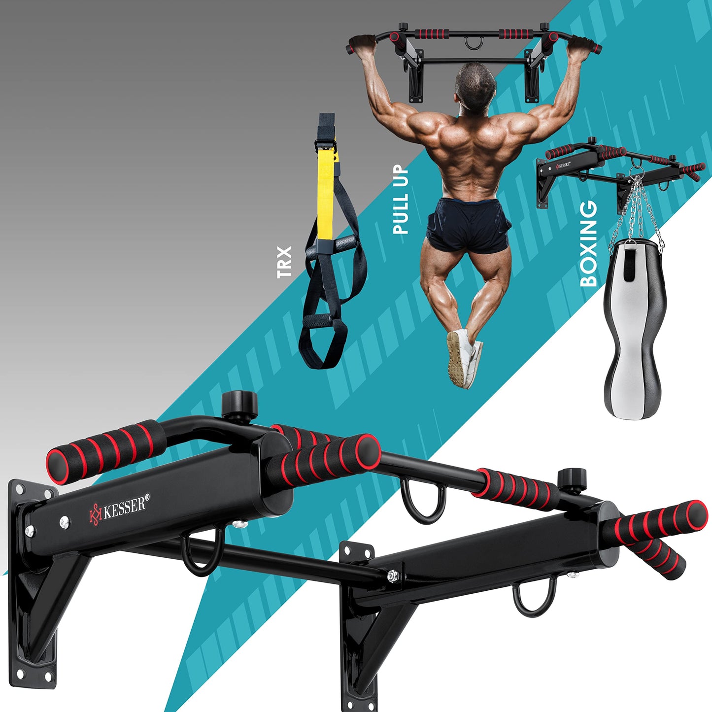 KESSER® Barra de dominadas 4 en 1 para montaje en la pared, asas antideslizantes, función adicional para anillos de cuerdas y sacos de boxeo | seguro y estable |rojo