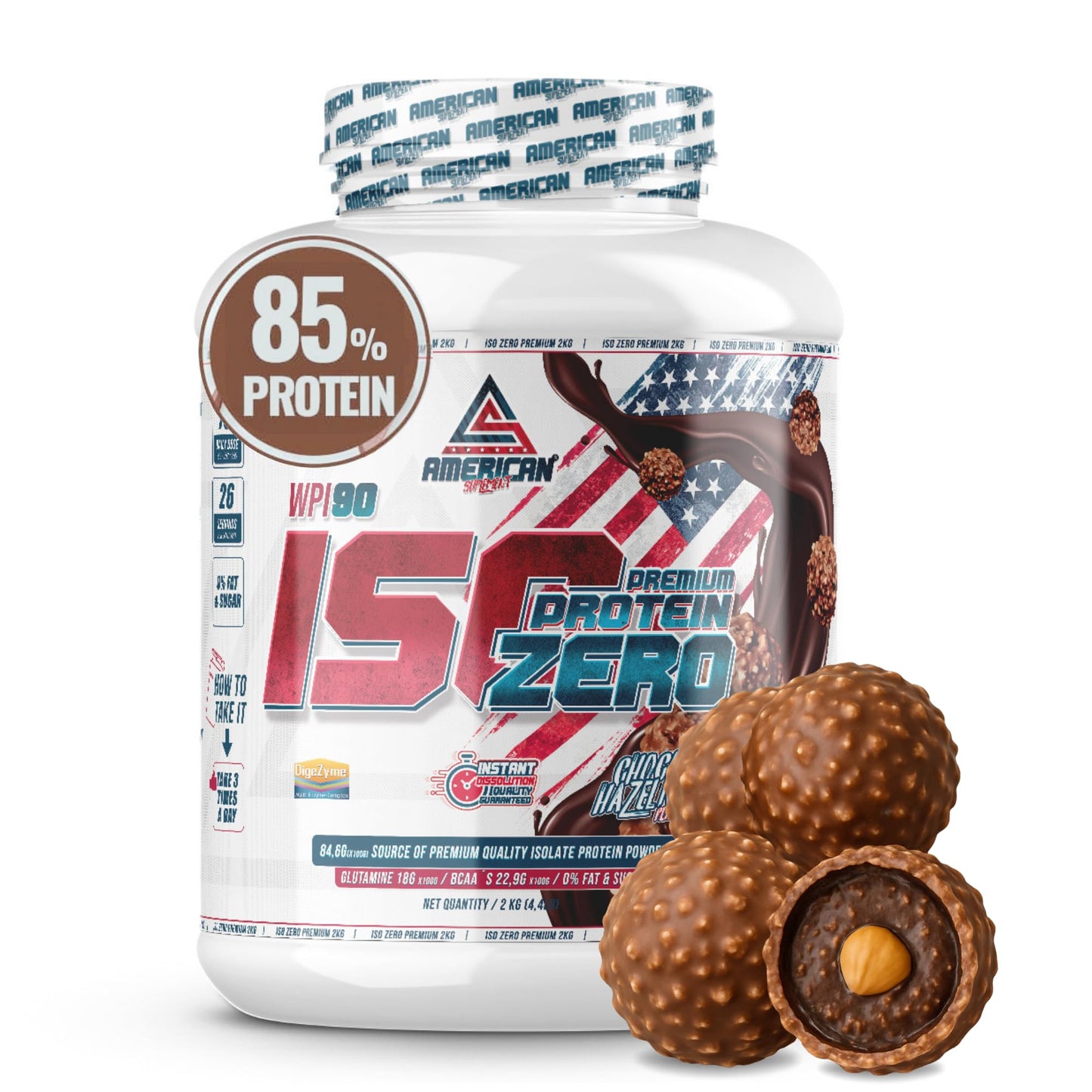 AS American Suplement | Premium Iso Zero 2 kg | Chocolate | Proteína de Suero de Leche | Ayuda a Aumentar tu Masa Muscular | Bajo en Carbohidratos | 0% Azúcares… (2 kg, Bombón Choco Avellana)