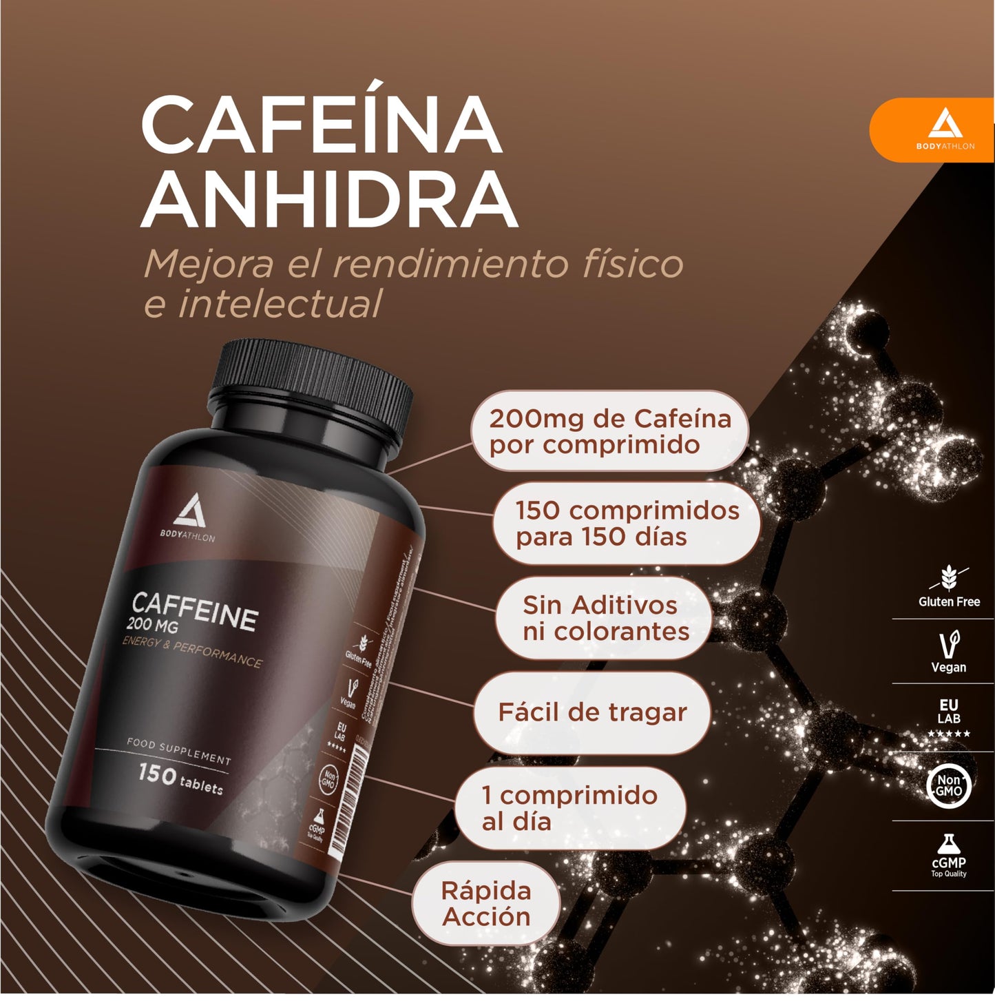 Bodyathlon- Cafeína pura 200mg -150 días- Cafeïna anhidra- Energía y Concentración- Aumenta tu resistencia- Alta dosis- 150 comprimidos- Mejora tu rendimiento Deportivo