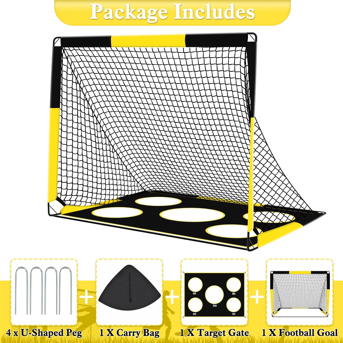 Gofady Portería de Fútbol para Niños, 2 en 1 Pop Up Porterías de Fútbol con 5 Objetivos y Bolsa de Transporte, Equipos de Entrenamiento de Fútbol Interior y Exterior(1.2M/1.5M) (Amarillo, 120 * 90CM)
