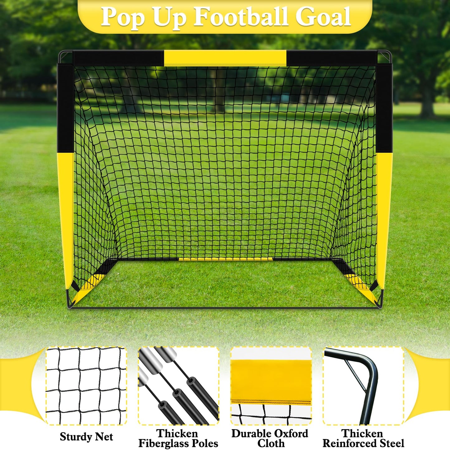 Gofady Portería de Fútbol para Niños, 2 en 1 Pop Up Porterías de Fútbol con 5 Objetivos y Bolsa de Transporte, Equipos de Entrenamiento de Fútbol Interior y Exterior(1.2M/1.5M) (Amarillo, 120 * 90CM)