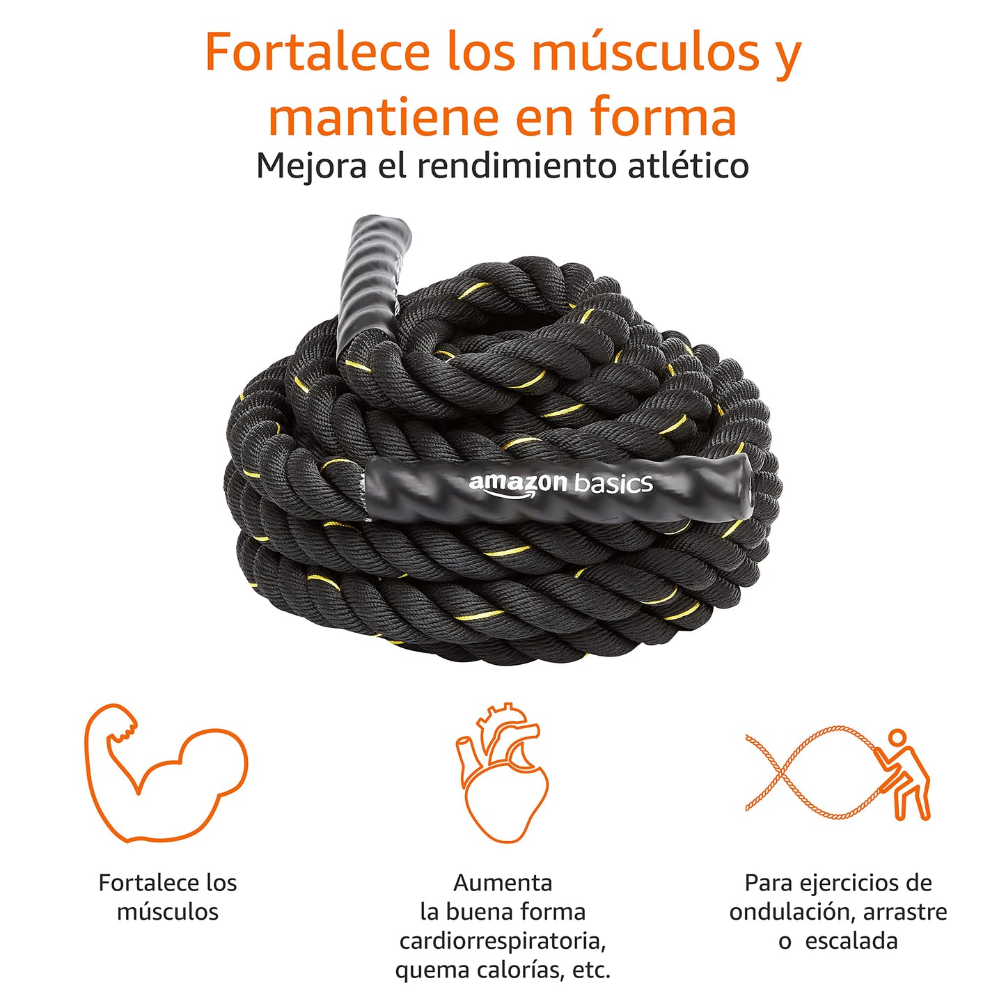 Amazon Basics Cuerda de batalla para entrenamiento pesado, de 3,8 cm x 9 m, Negro