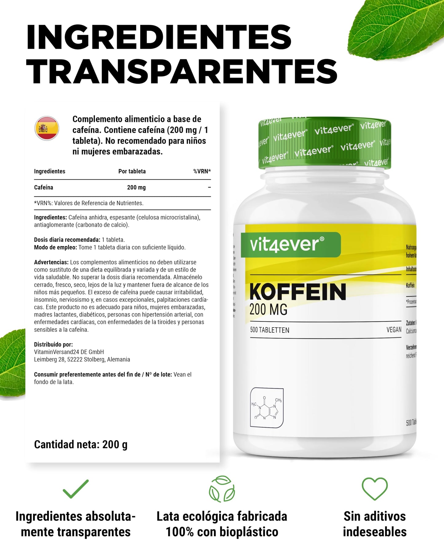 Comprimidos de cafeína con 200 mg cada uno - 500 comprimidos - Sin aditivos no deseados - Altamente dosificado - Vegano