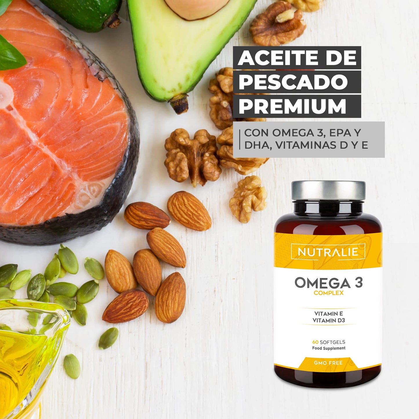 Omega 3 Cápsulas 2000mg Puro - DHA y EPA Alta Concentración - Aceite de Pescado Vitaminas D E - 60 Cápsulas Fish Oil Omega 3 Nutralie (Sin sabor)