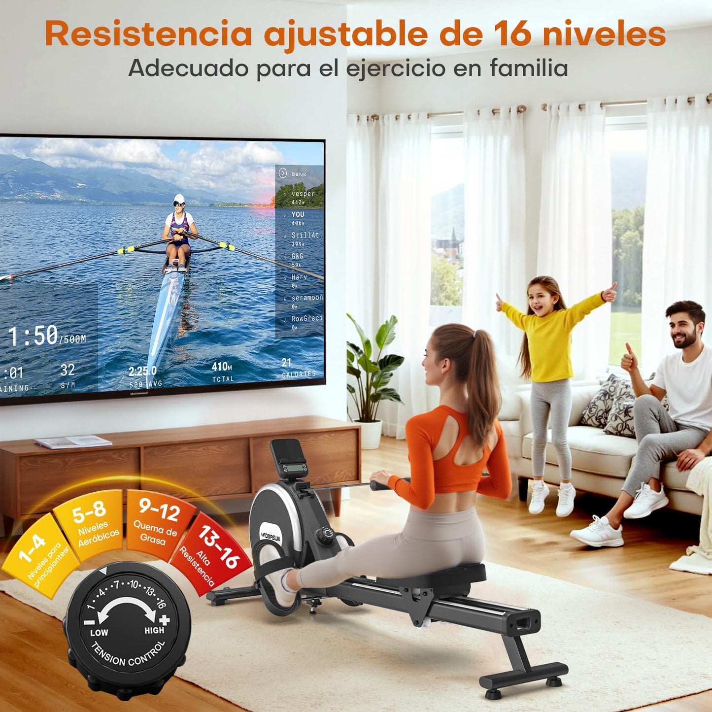 DMASUN Máquina de remo magnética, 16 niveles de resistencia, máquina de remo profesional para casa, dobles guías correderas de aleación mejoradas, compatibles con APP y capacidad de carga máxima de