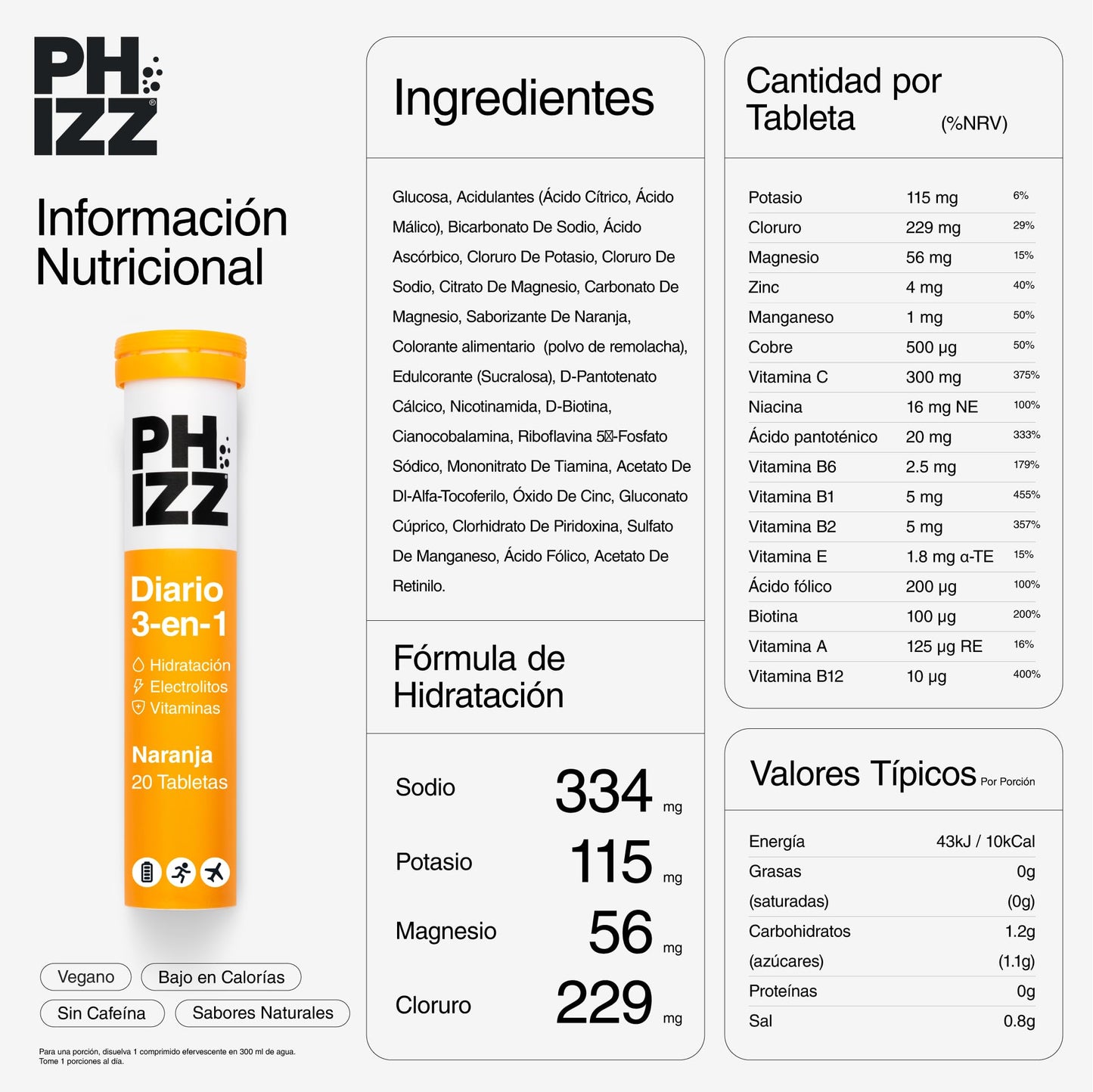 Phizz Electrolitos, Multivitaminas e Hidratación Efervescente 20 Comprimidos - 18 Vitaminas y Minerales, Vitamina C, Vegetariano y Bajo en Calorías (Naranja, 20 Pastilla)