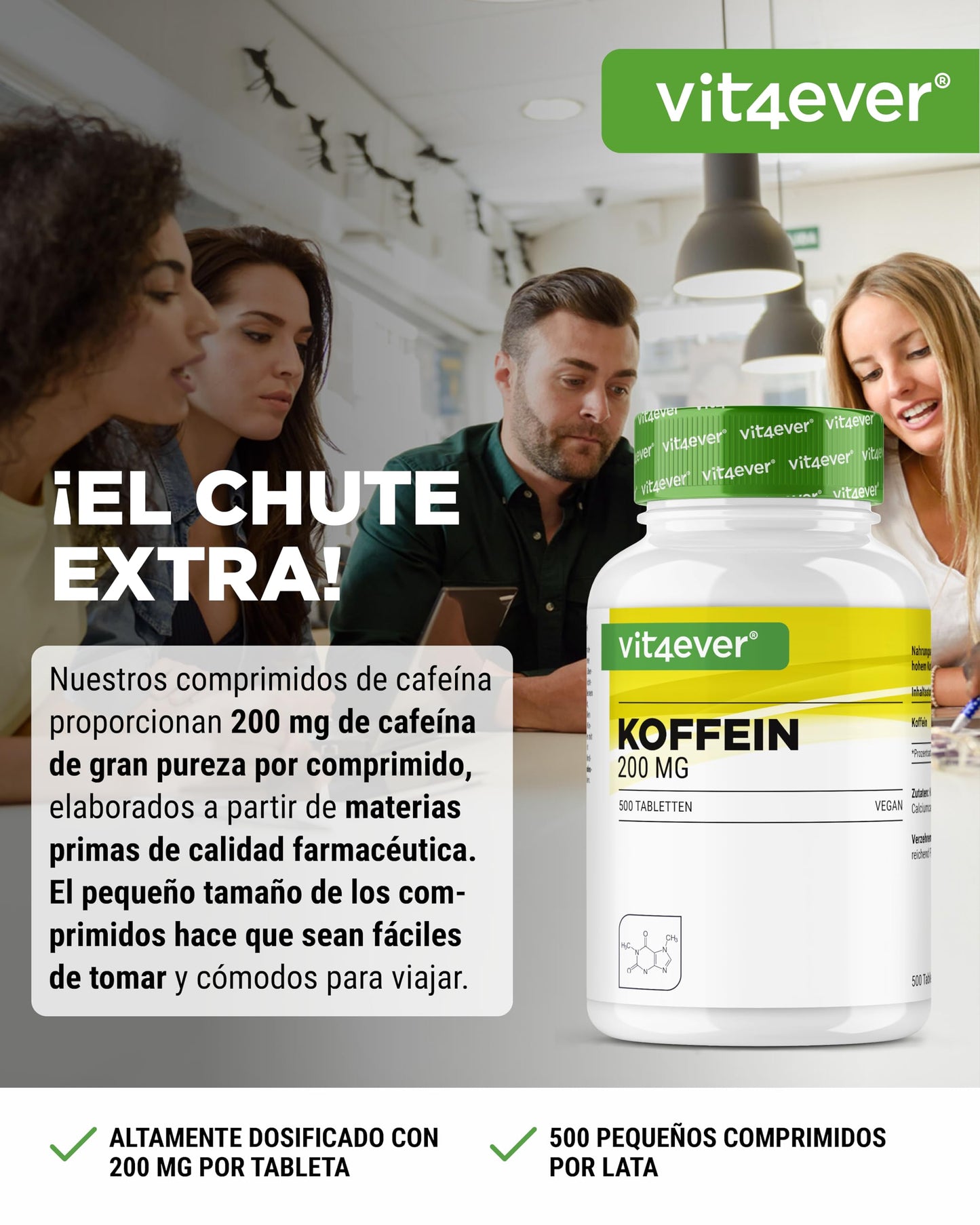 Comprimidos de cafeína con 200 mg cada uno - 500 comprimidos - Sin aditivos no deseados - Altamente dosificado - Vegano