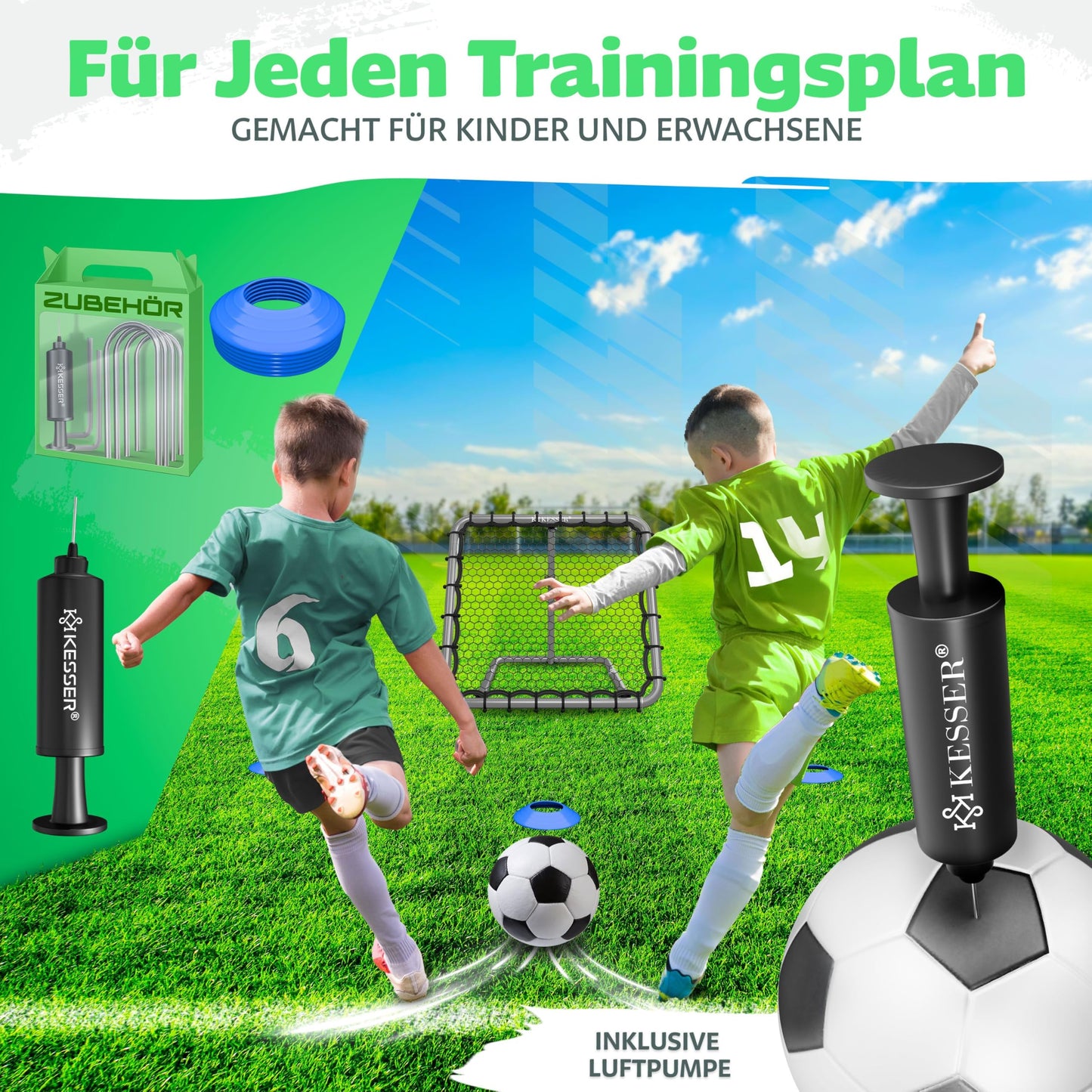 KESSER® Rebounder de fútbol de 100 x 100 cm, red de entrenamiento ajustable, entrenamiento de pasaporte y disparo, incluye bomba de aire, 6 conos de marcado y 4 ganchos de resistencia, para balonmano,