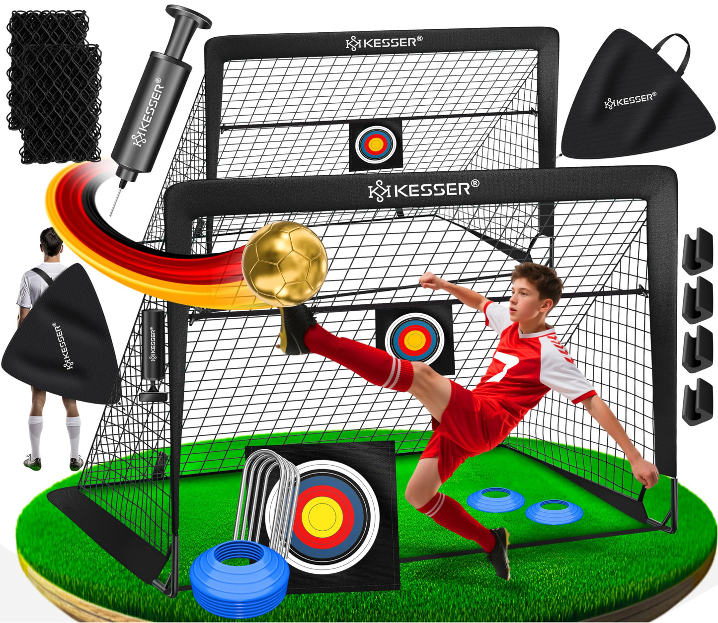 KESSER® Juego de 2 porterías de fútbol para niños, Plegables, con Barras de Fibra de Vidrio y Redes de portería para Interior, Exterior y jardín, con Bolsa de Transporte, Incl. inflador