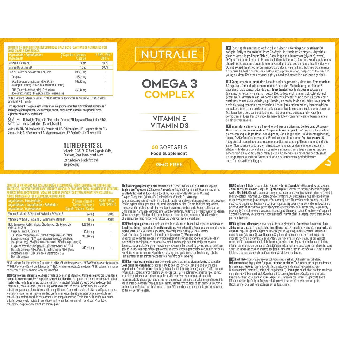 Omega 3 Cápsulas 2000mg Puro - DHA y EPA Alta Concentración - Aceite de Pescado Vitaminas D E - 60 Cápsulas Fish Oil Omega 3 Nutralie (Sin sabor)