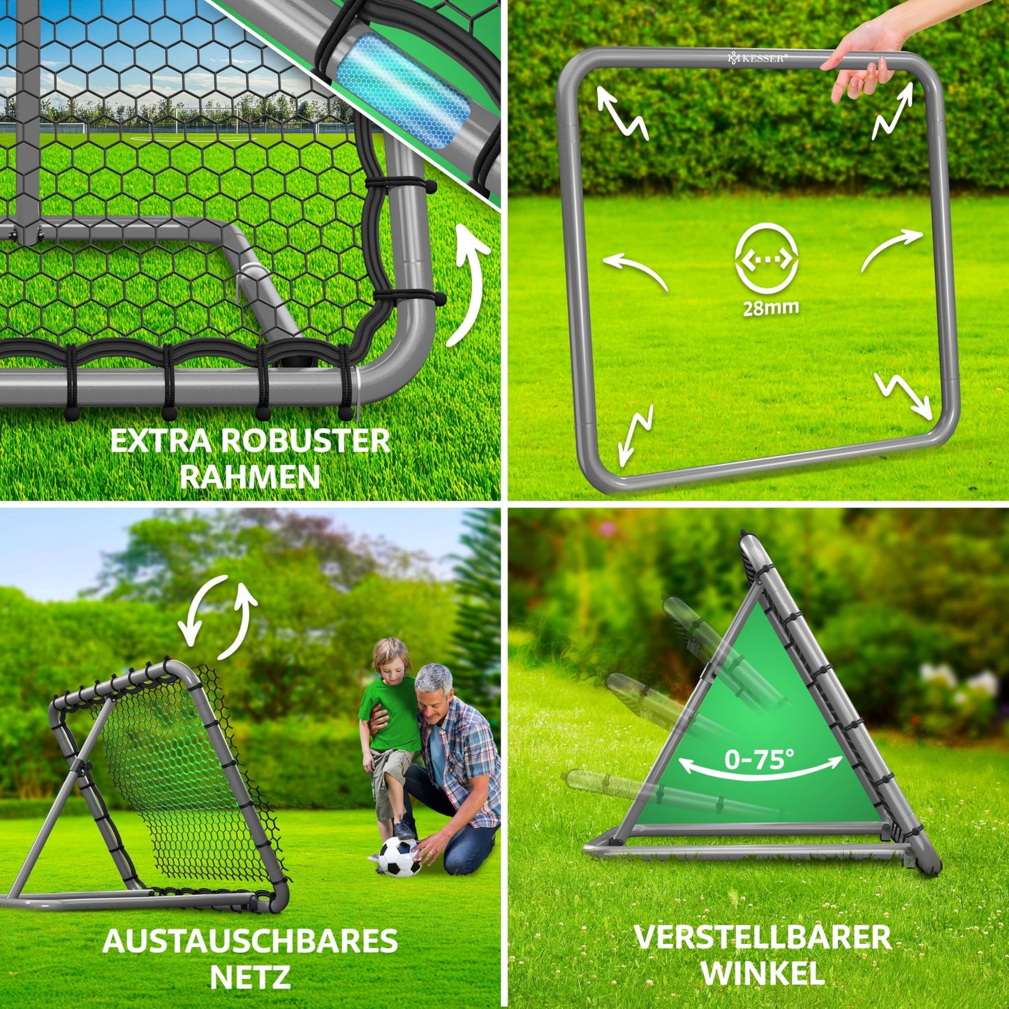KESSER® Rebounder de fútbol de 100 x 100 cm, red de entrenamiento ajustable, entrenamiento de pasaporte y disparo, incluye bomba de aire, 6 conos de marcado y 4 ganchos de resistencia, para balonmano,