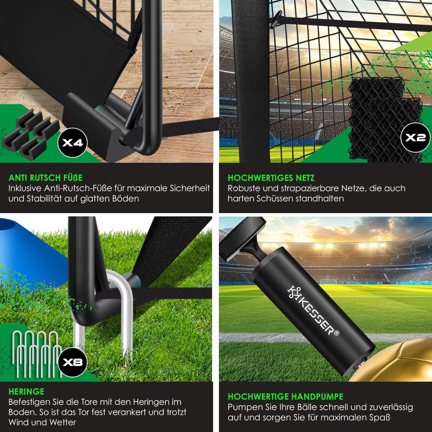 KESSER® Juego de 2 porterías de fútbol para niños, Plegables, con Barras de Fibra de Vidrio y Redes de portería para Interior, Exterior y jardín, con Bolsa de Transporte, Incl. inflador