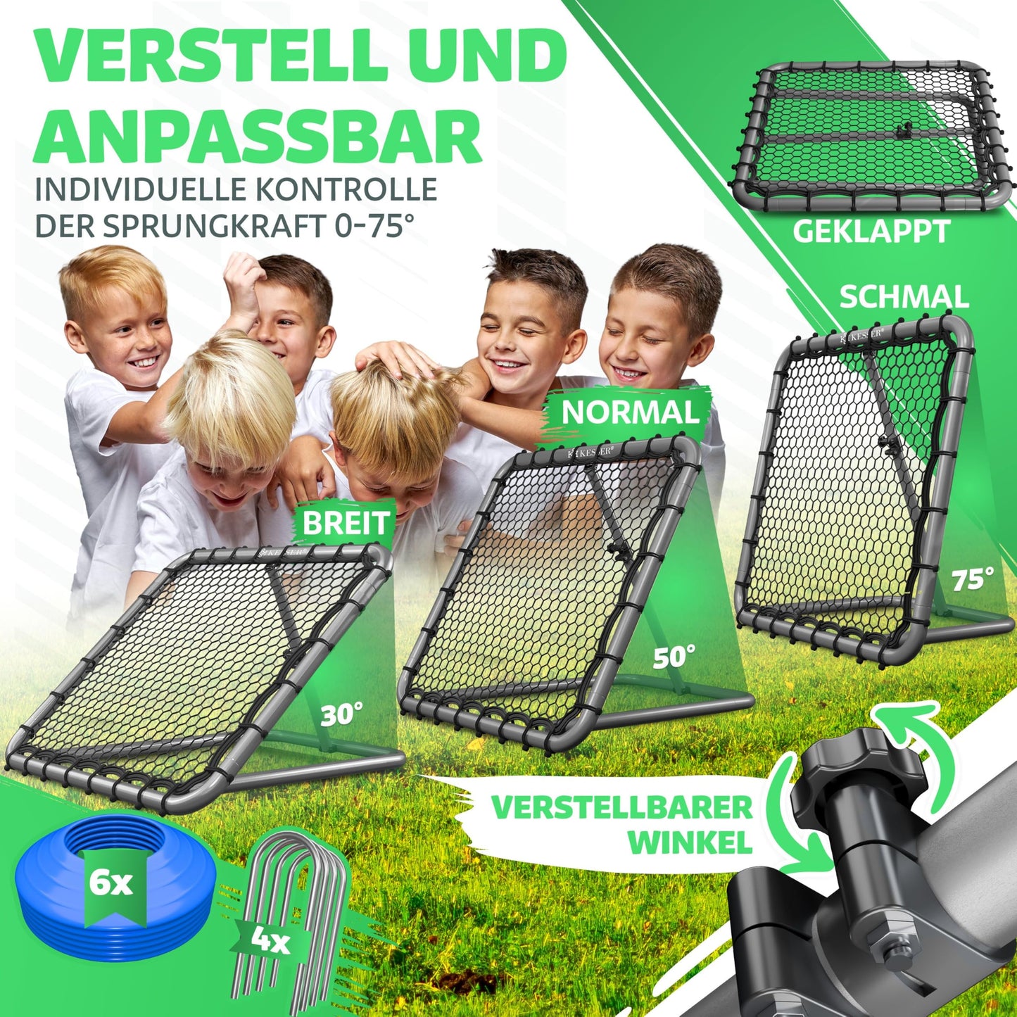 KESSER® Rebounder de fútbol de 100 x 100 cm, red de entrenamiento ajustable, entrenamiento de pasaporte y disparo, incluye bomba de aire, 6 conos de marcado y 4 ganchos de resistencia, para balonmano,