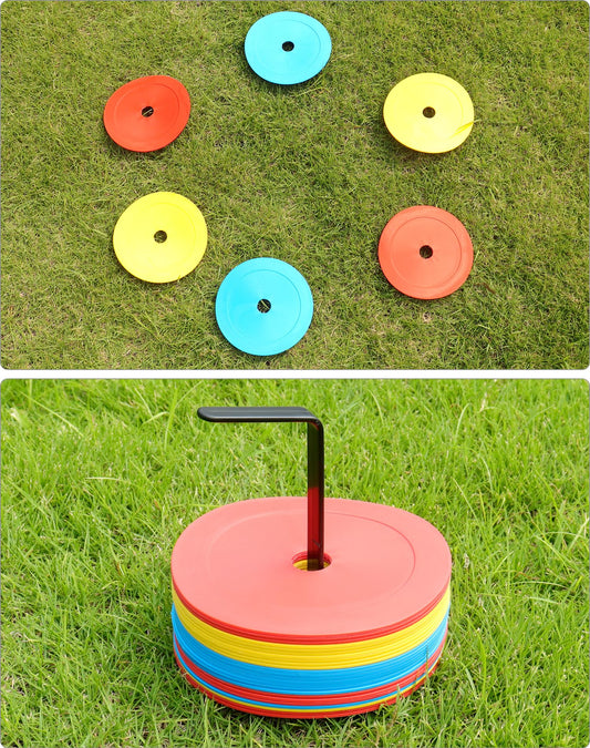 QWORK® Paquete de 24 Conos Futbol Planos 15cm, Conos entrenamientode Flexibles para fútbol, Baloncesto, Balonmano y más - Naranja, Amarillo, Azul