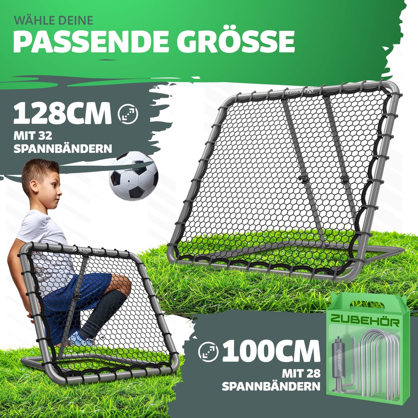 KESSER® Rebounder de fútbol de 100 x 100 cm, red de entrenamiento ajustable, entrenamiento de pasaporte y disparo, incluye bomba de aire, 6 conos de marcado y 4 ganchos de resistencia, para balonmano,