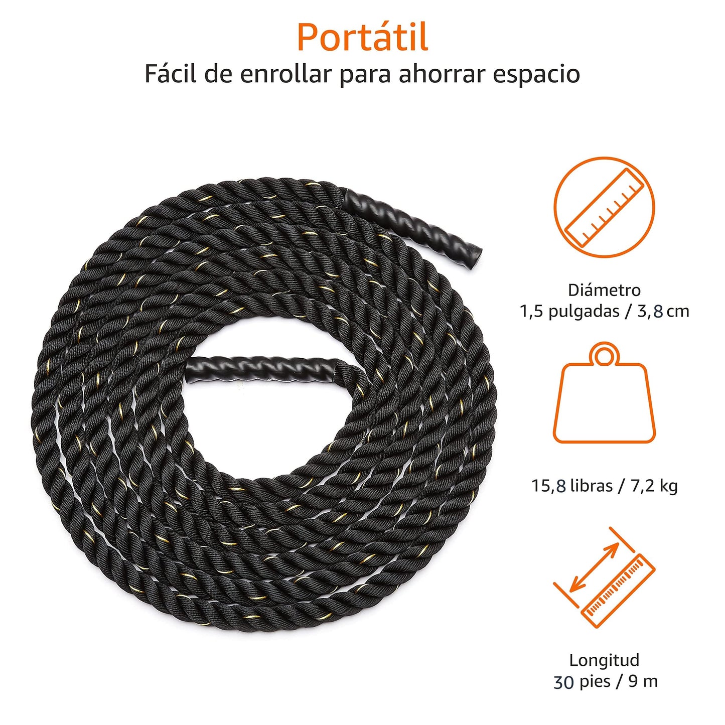 Amazon Basics Cuerda de batalla para entrenamiento pesado, de 3,8 cm x 9 m, Negro
