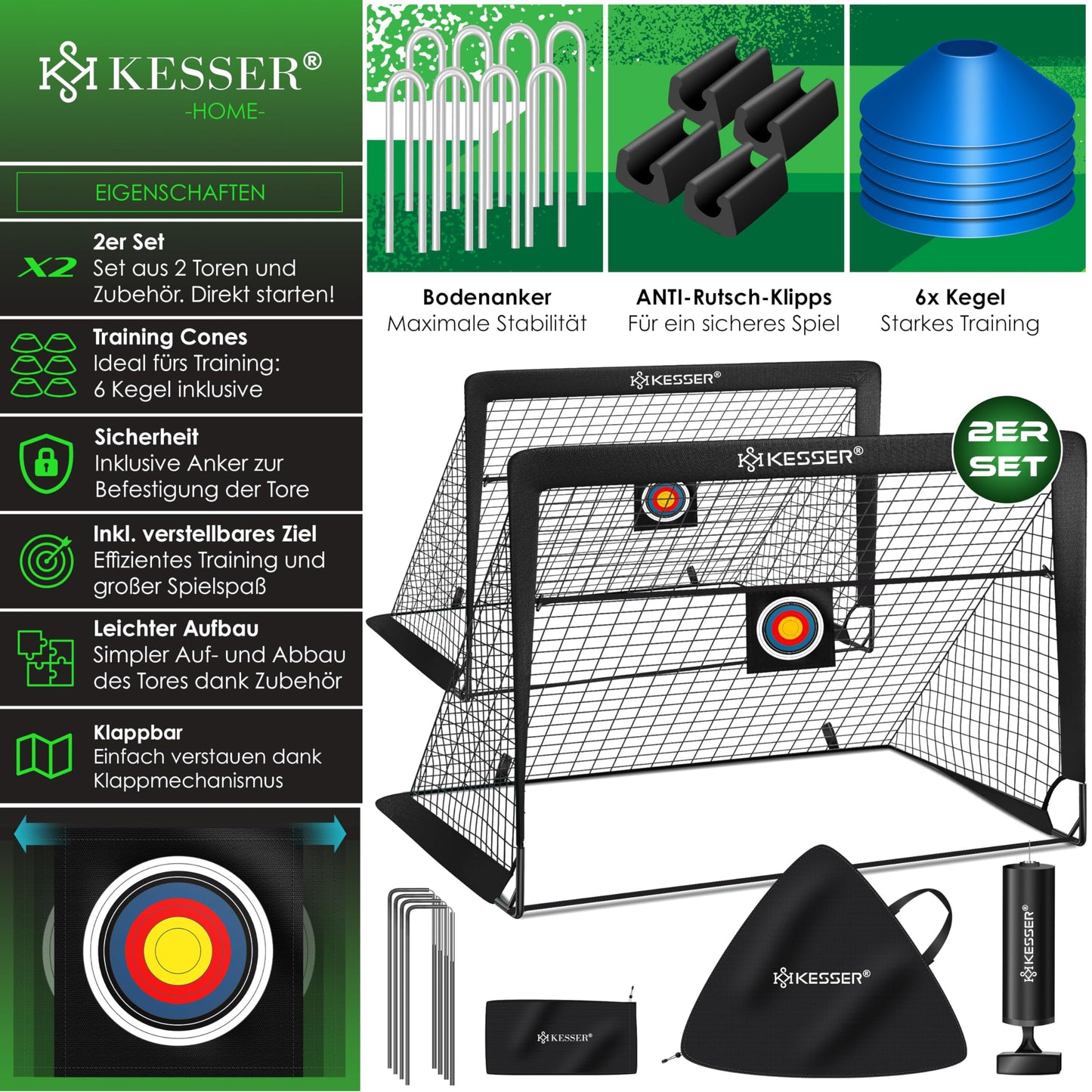 KESSER® Juego de 2 porterías de fútbol para niños, Plegables, con Barras de Fibra de Vidrio y Redes de portería para Interior, Exterior y jardín, con Bolsa de Transporte, Incl. inflador