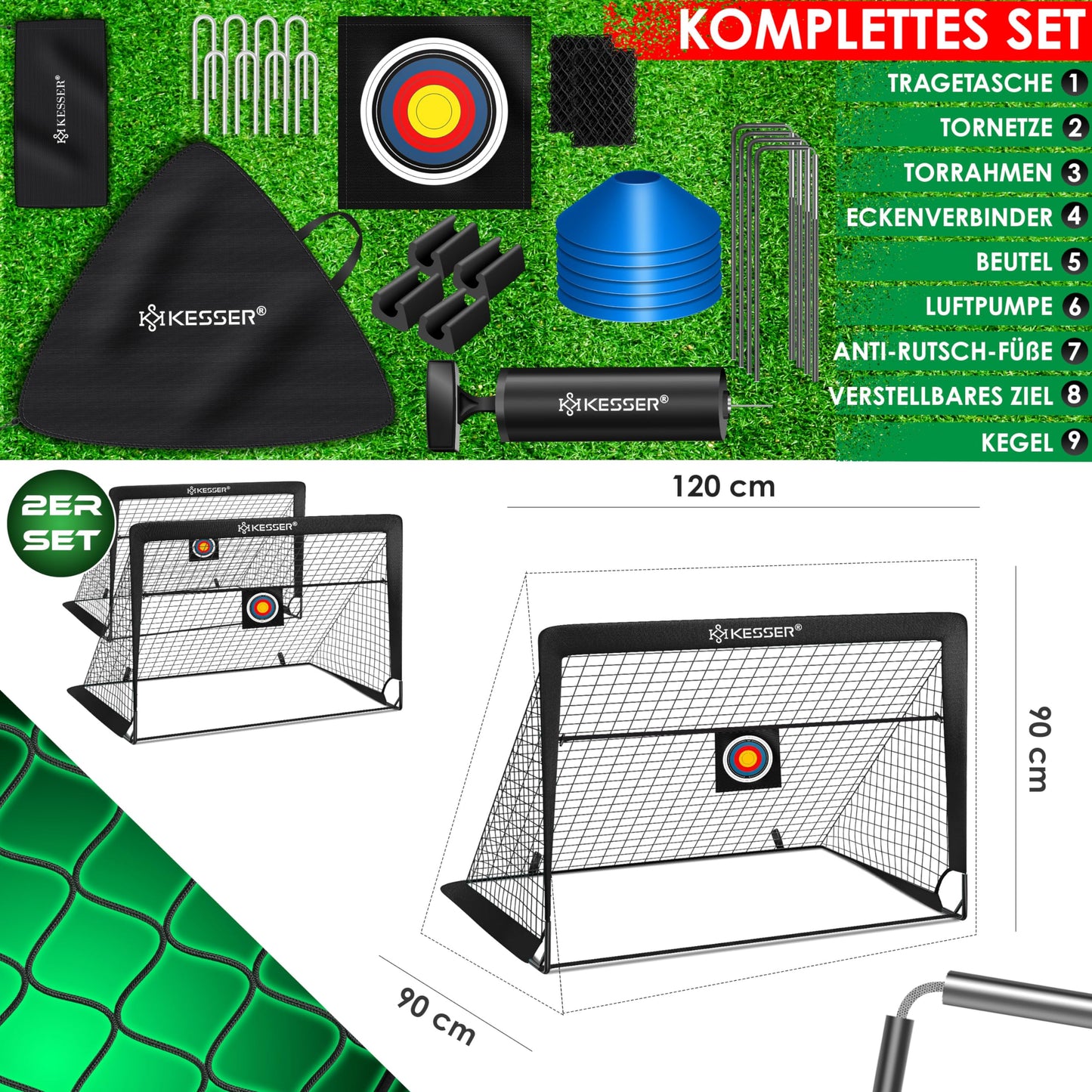 KESSER® Juego de 2 porterías de fútbol para niños, Plegables, con Barras de Fibra de Vidrio y Redes de portería para Interior, Exterior y jardín, con Bolsa de Transporte, Incl. inflador