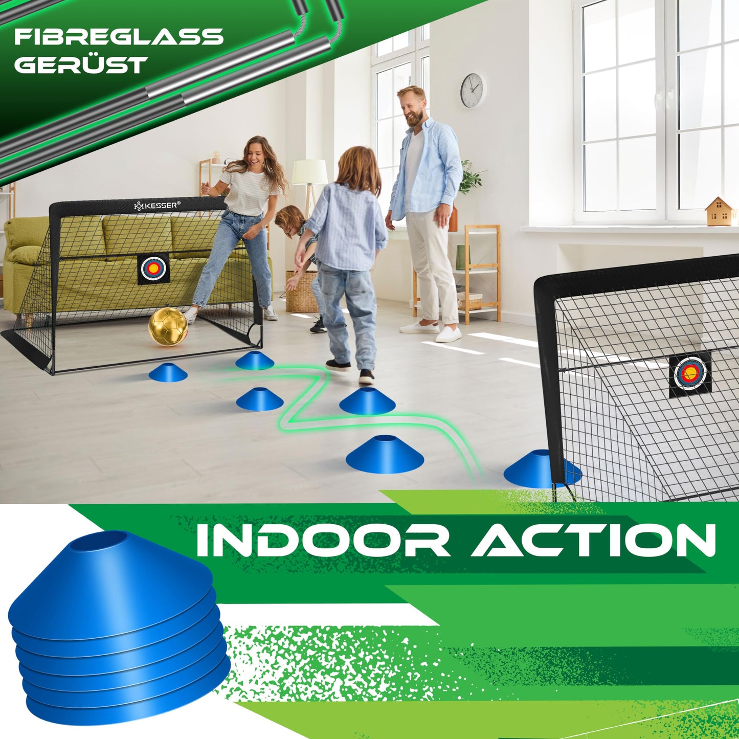 KESSER® Juego de 2 porterías de fútbol para niños, Plegables, con Barras de Fibra de Vidrio y Redes de portería para Interior, Exterior y jardín, con Bolsa de Transporte, Incl. inflador