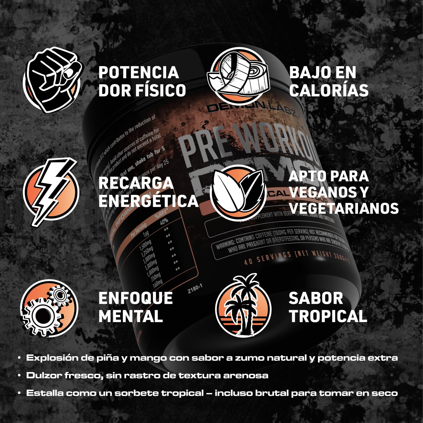 Pre Workout Demon – Pre Entreno en Polvo con Creatina, Cafeína y Aminoácidos – Sabor Tropical – 40 Raciones