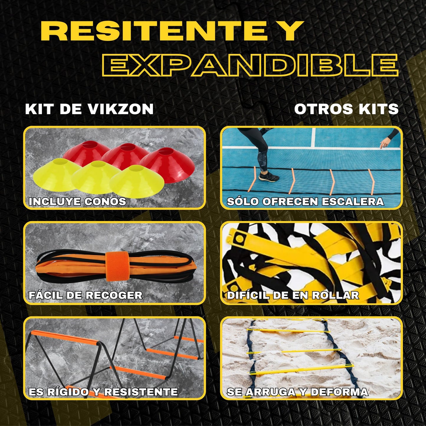 VIKZON Kit Avanzado de Entrenamiento de Fútbol: Escalera de Entrenamiento Plegable y Ajustable + Conos de Entrenamiento + Bolsa para guardarlo.