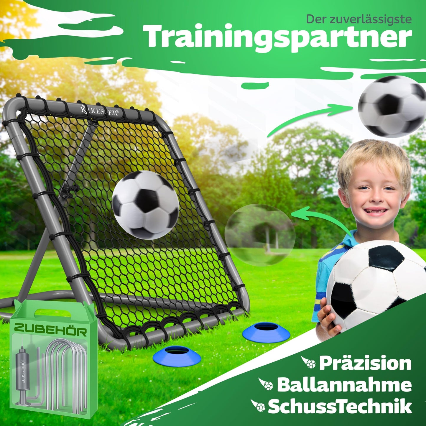 KESSER® Rebounder de fútbol de 100 x 100 cm, red de entrenamiento ajustable, entrenamiento de pasaporte y disparo, incluye bomba de aire, 6 conos de marcado y 4 ganchos de resistencia, para balonmano,