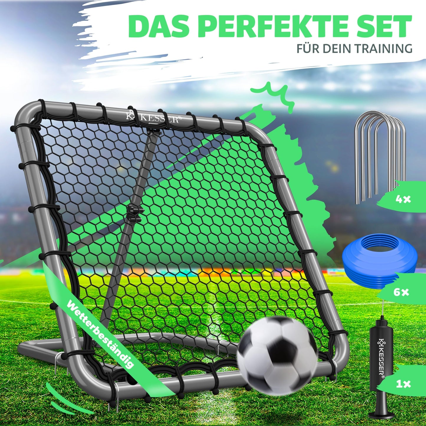 KESSER® Rebounder de fútbol de 100 x 100 cm, red de entrenamiento ajustable, entrenamiento de pasaporte y disparo, incluye bomba de aire, 6 conos de marcado y 4 ganchos de resistencia, para balonmano,