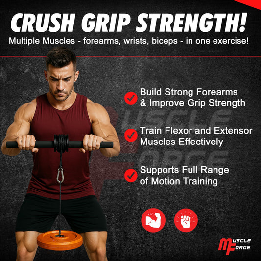 MuscleForge Rodillo de Muñeca y Antebrazo, Entrenador del Brazo, Polea con Carga - Wrist roller con Capacidad 60 kg, Forearm exerciser, Grips Strengthener, Accesorio para El Entrenamiento del Agarre