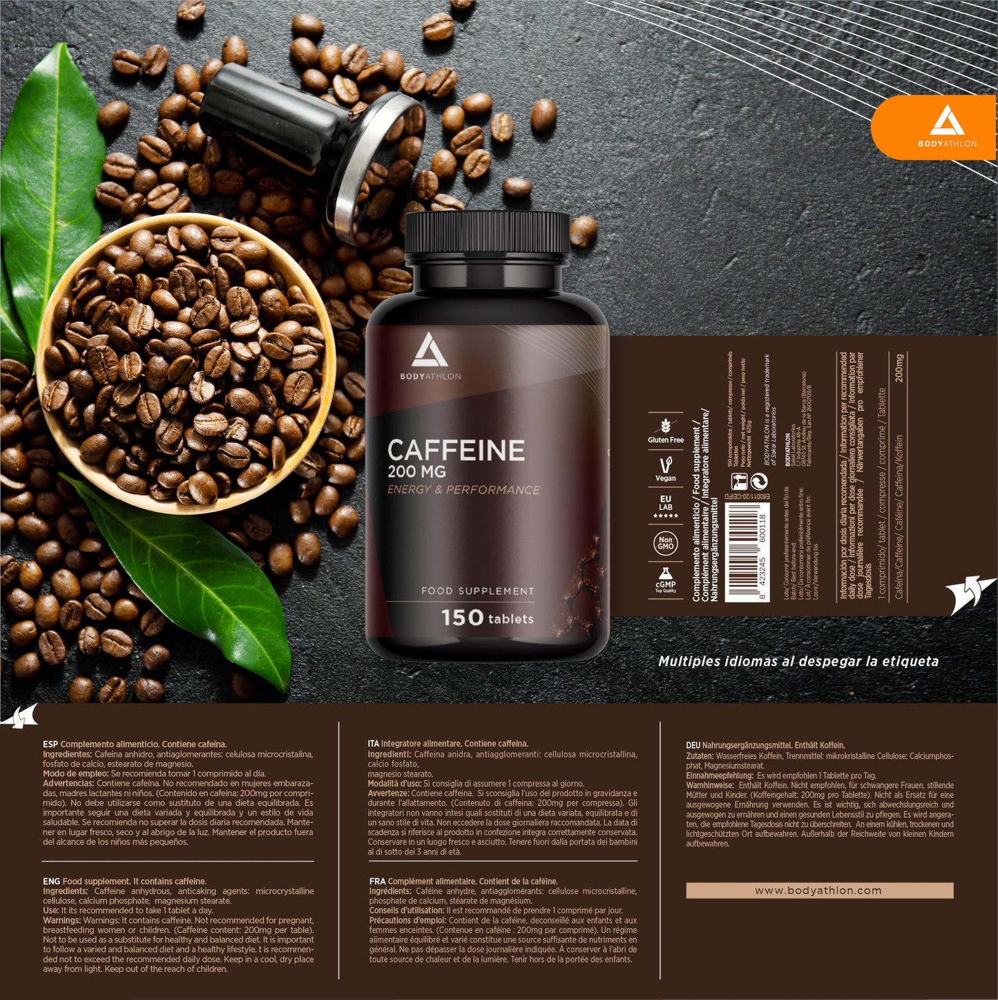 Bodyathlon- Cafeína pura 200mg -150 días- Cafeïna anhidra- Energía y Concentración- Aumenta tu resistencia- Alta dosis- 150 comprimidos- Mejora tu rendimiento Deportivo
