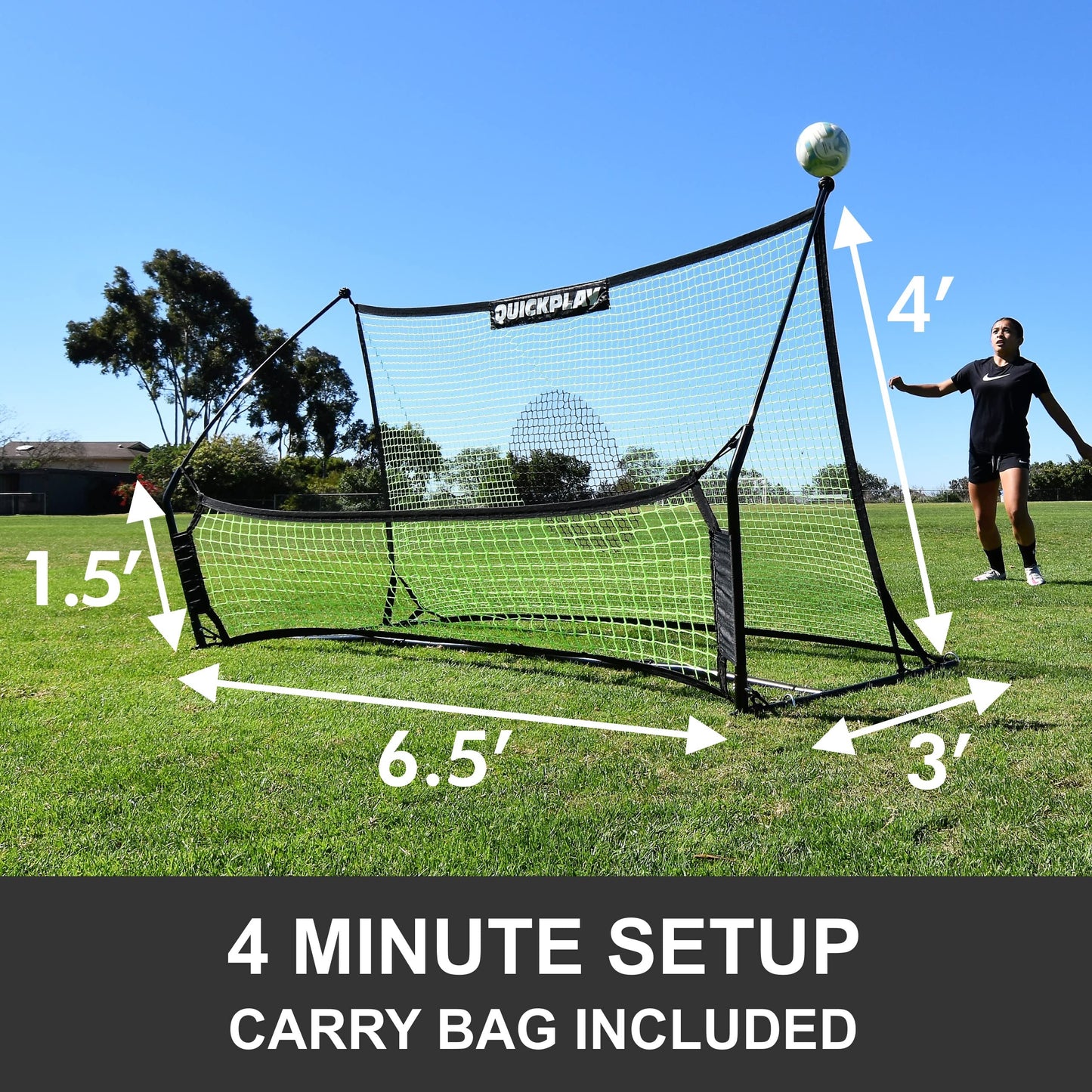 QUICKPLAY TEKKERS TRAINER - Rebote de fútbol - Red de puntos de 6.5 x 4 pies y redes de pase de tierra de 6.5 x 1.5 pies, equipo de entrenamiento de fútbol portátil para niños y adultos