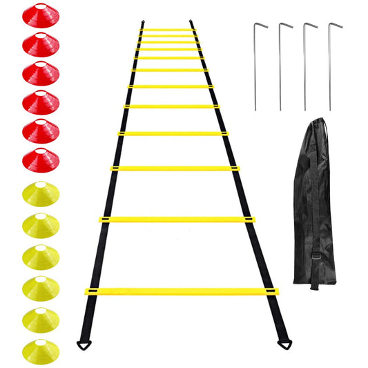 Gvolatee Accesorios de Entrenamiento de fútbol Escalera de coordinación Escalera de Entrenamiento, escaleras de coordinación con 12 Conos 4 Postes Juego de Entrenamiento de fútbol