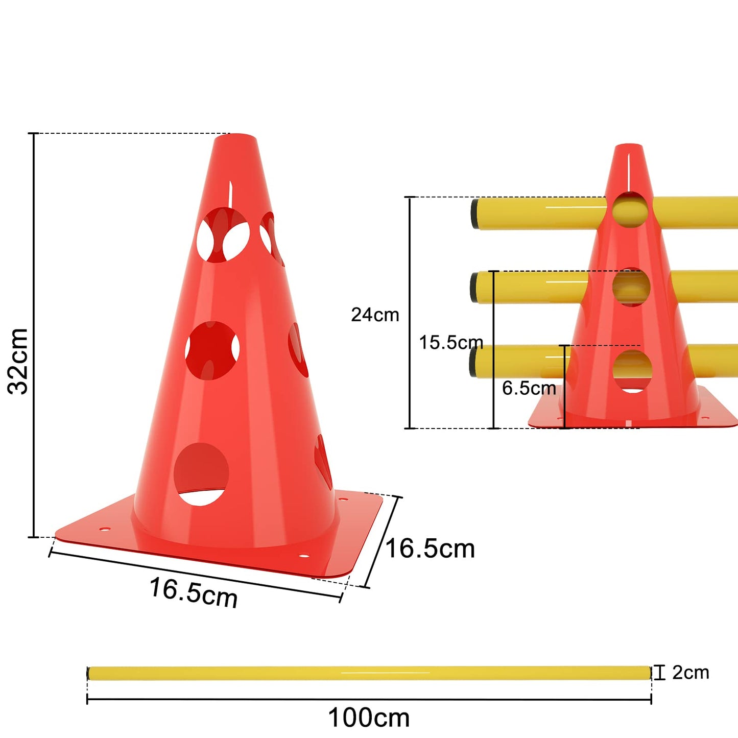 ACXIN Juego de 6 obstáculos para entrenamiento de coordinación para niños y perros, 12 conos y 6 barras, cono multifunción, altura: 32 cm, barra: 100 cm