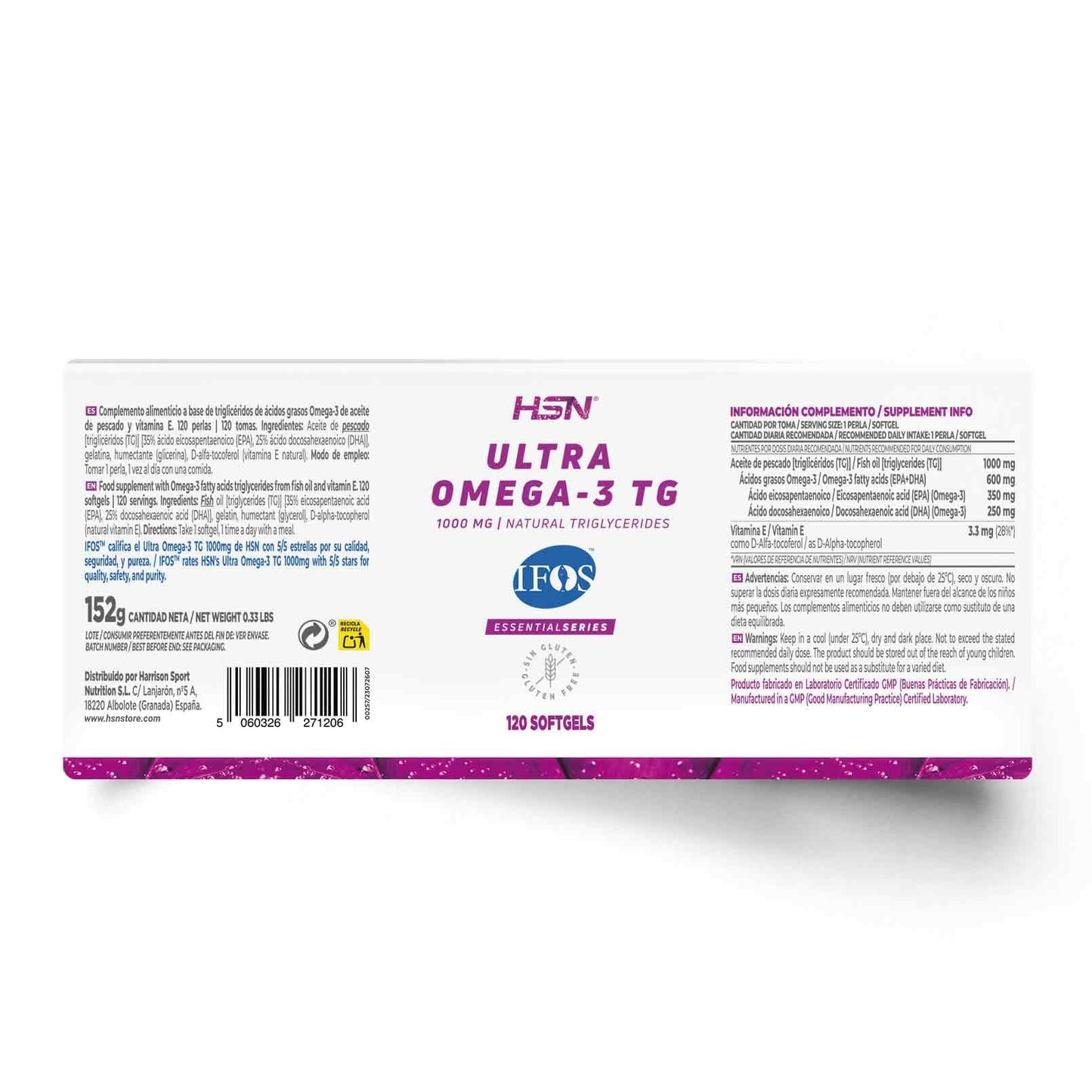 HSN Ultra Omega 3 IFOS 5 Estrellas | 120 Perlas | 350mg de EPA + 250mg DHA | 1000mg Puro Aceite de Pescado en Forma de Triglicéridos Altamente Concentrado | No-GMO, Sin Gluten