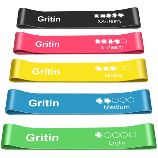 Gritin Bandas Elásticas Fitness/Bandas de Resistencia, Set de 5 Cintas Elásticas Fitness y Musculación de Látex Agradable a la Piel con Guía de Ejercicios de Español