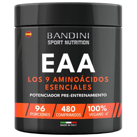 Bandini® EAA Aminoácidos Esenciales 480 TABLETAS - Con 9 Essential Amino Acids - Pre, intra y Post Entrenamiento - Complemento alimenticio para el deporte - Comprimidos - 96 Dosis - Vegan, sin azúcar
